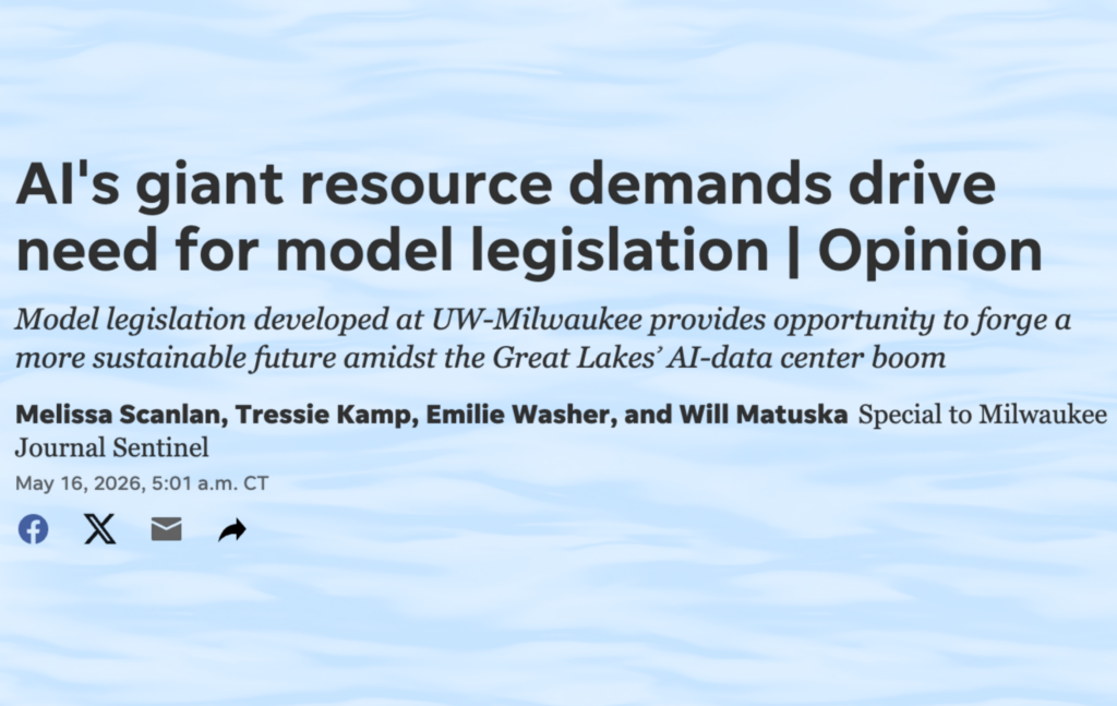 A newspaper clipping of a headline in the Milwaukee Journal Sentinel titled, "AI's giant resource demands drive need for model legislation."