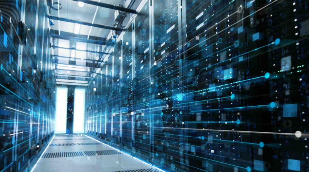 Looking down a hallway in a data center.