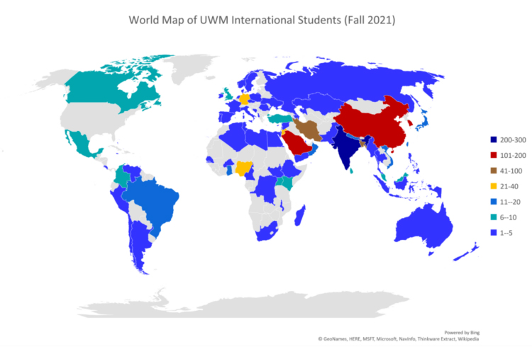 World map showing the distribution of where UWM international students are from for 2021