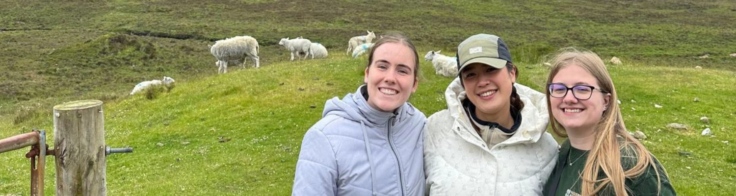 UWM study abroad students in England in front of sheep and a hilly landscape