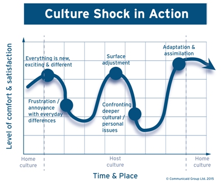 Line graph showing the emotional ups and downs of culture shock, moving from initial excitement to frustration, partial adjustment, a deeper low, and eventual adaptation.