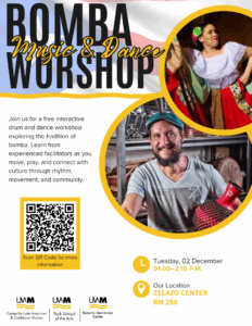 Event flyer for Bomba music & dance workshop, featuring event description, time, date, and photos of a man posing with a drum and a woman mid-dance in a flowy blouse and skirt.
