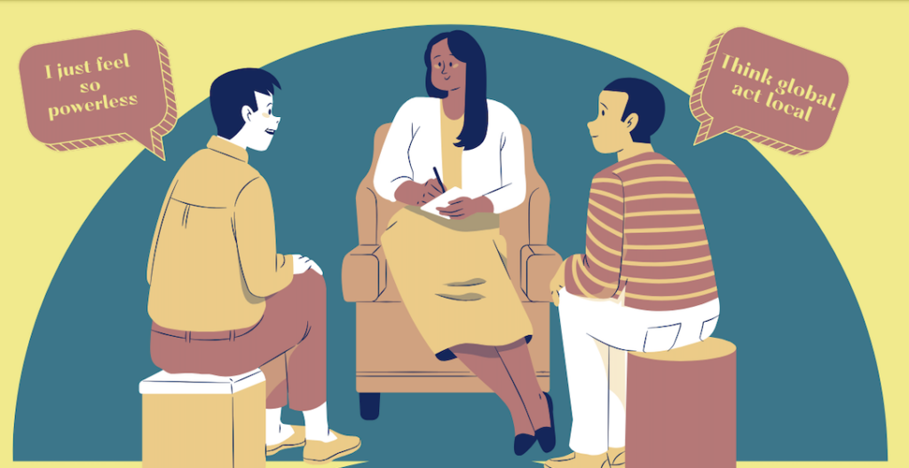 Three people with diverse racial and gender identities seated in a circle. One says "I just feel so powerless." Another replies "Think global, act local"