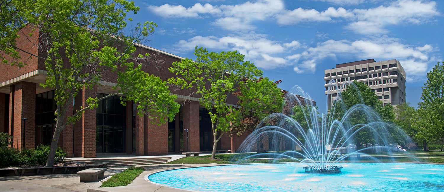 University of Wisconsin - Milwaukee campus featuring fountain in front of library