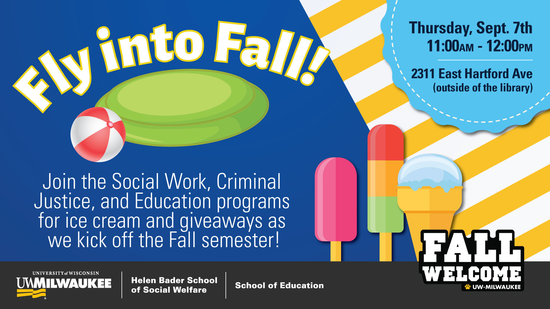 Fly into Fall - Fall Welcome event graphic with beach balls, frisbees, and ice cream icons