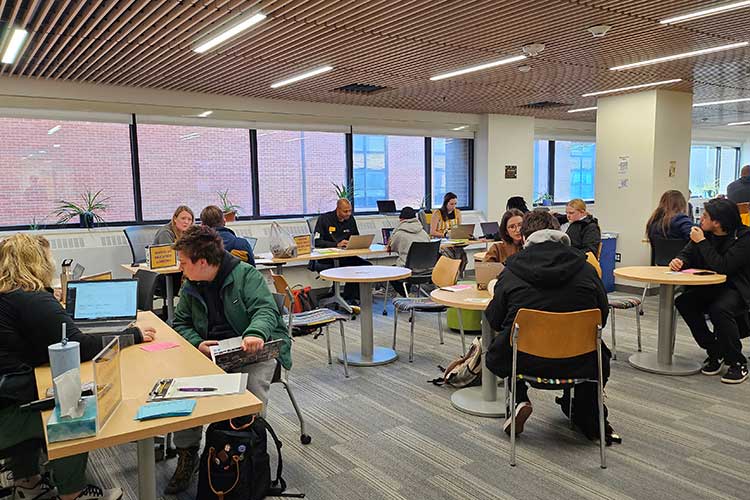 Lounge room with multiple tables. Some table are round and have 1-2 students sitting with laptops. Rectangular tables are arranged around the perimeter of the room. Advisors are meeting at these tables with students. They are looking at a laptop.