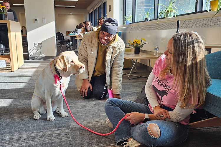 A woman sits on the floor holding a pink leash attached to a yellow labrador wearing a pink bandana. Another person kneels nearby smiling at the dog in a bright lounge space, while people sit and work at tables in the background with sunlight coming through large windows.