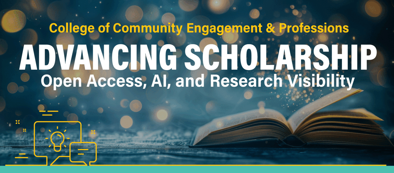 Training event banner showing an open book with digital symbols flowing from the book. Text reads, "Advancing Scholarship"