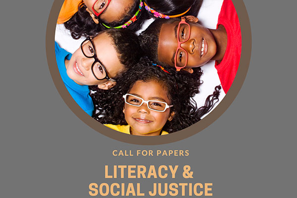 Call for Papers: Literacy and Social Justice graphic featuring young children lying in a circle while looking up and smiling