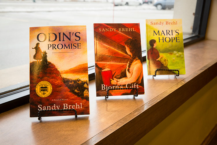 A display of books authored by School of Education alumna Sandy Brehl