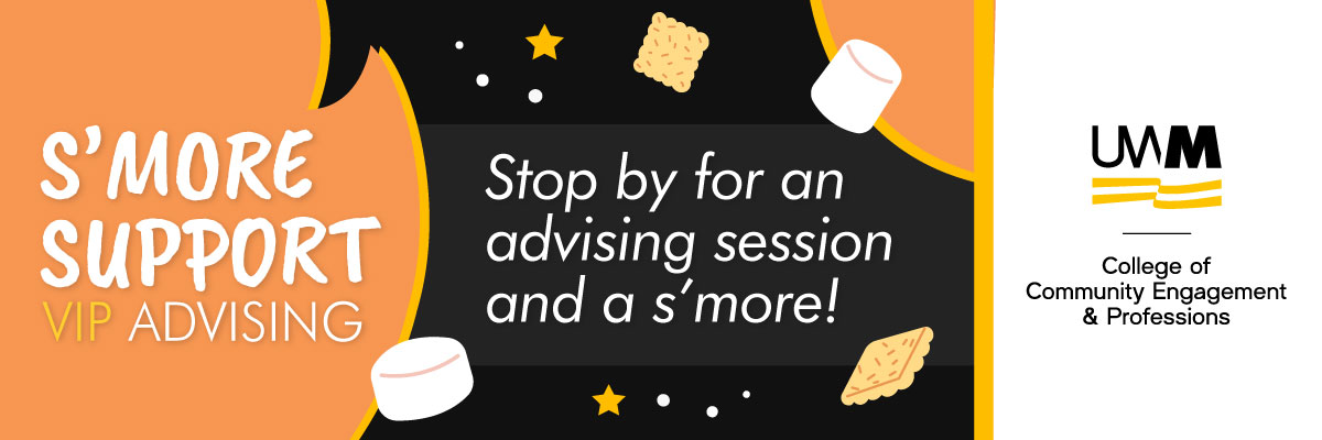 Decorative graphic for the College of Community Engagement and Professions event "S'more Support Advising"