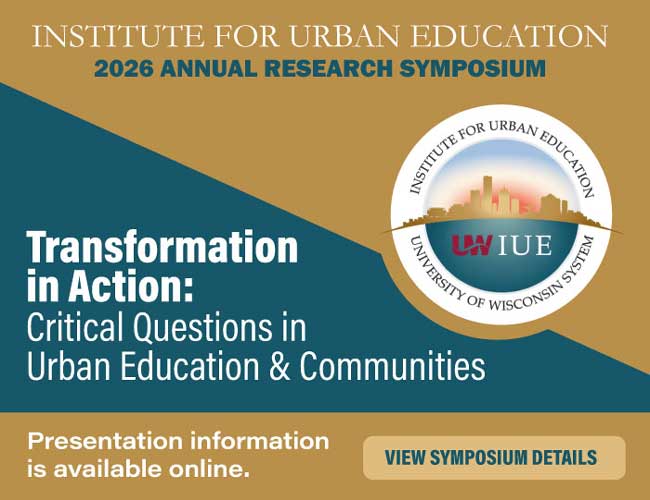 Graphic for the IUE Research Symposium that states "view symposium details online."