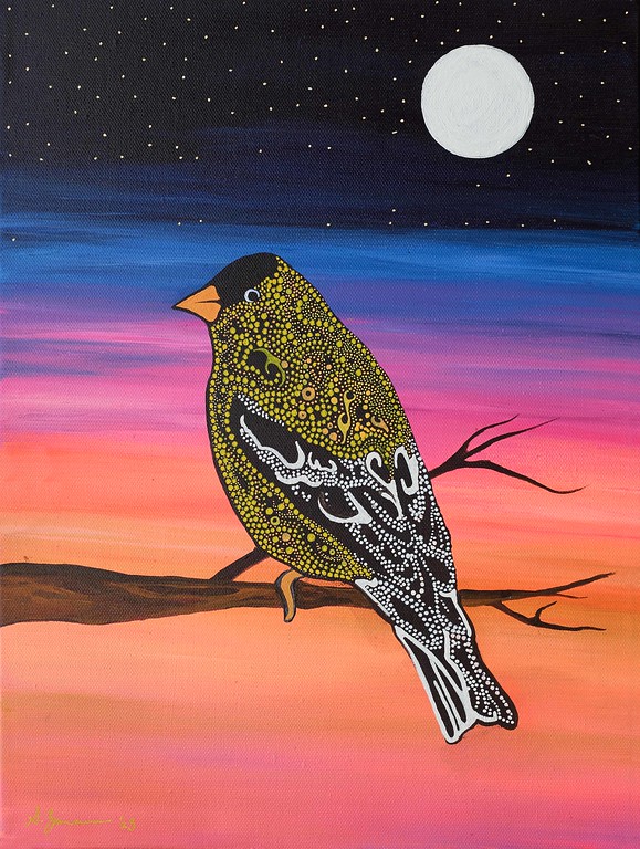 A painting of a finch sitting on a tree branch with a sunset and moon in the background.