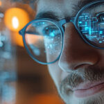 Man wearing glasses with computer screen reflected in them looking at computer screen.