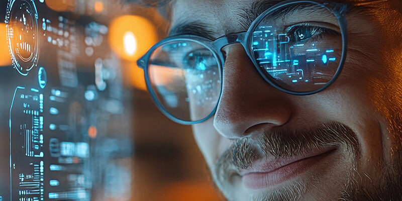 Man wearing glasses with computer screen reflected in them looking at computer screen.