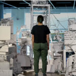 the back of a young woman in green pants who is standing in front of an art installation that looks like a pile of computer junk.