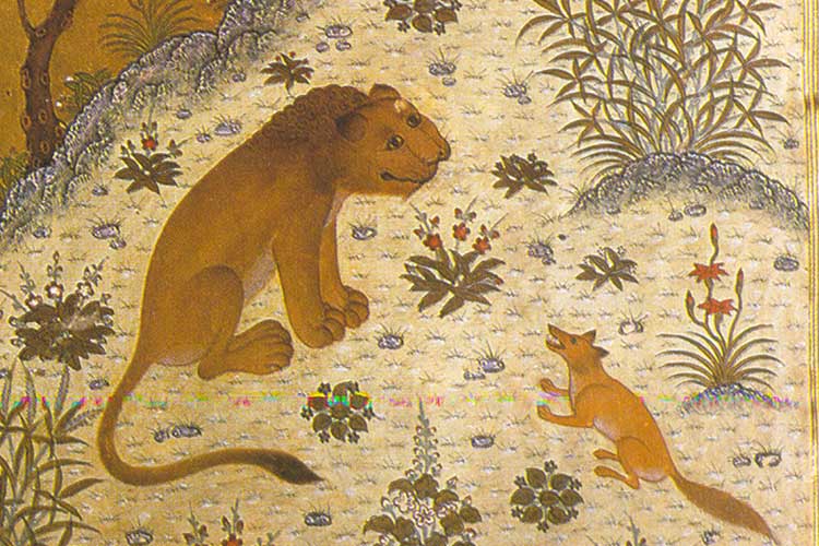 An illustration from the book "Arabian Nights" of a sly fox-vizier giving advice to the lion king.