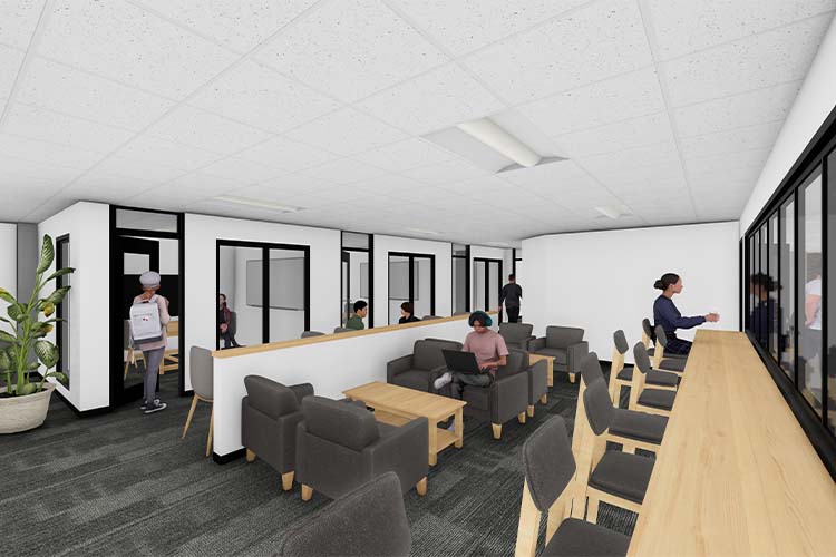A drawing of a design workspace with three people working within. Two women and one man.