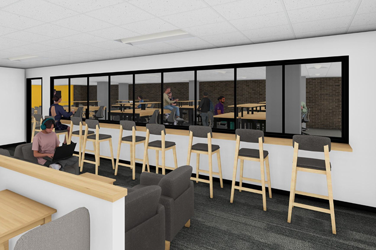 A drawing view of the senior design space with both comfy and desk chairs at a bar. One person is shown with short dark hair and pink T-shirt.