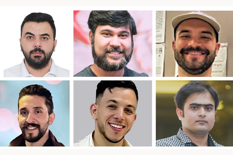 six individual male headshots, all dark short hair, one wearing a beige baseball cap.