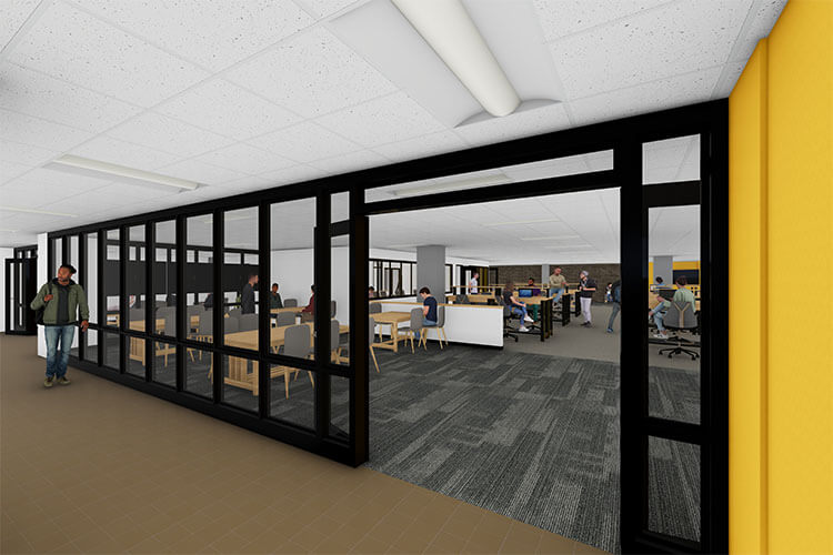 Rendering of a redesign of the Senior Design Studio with glass doors