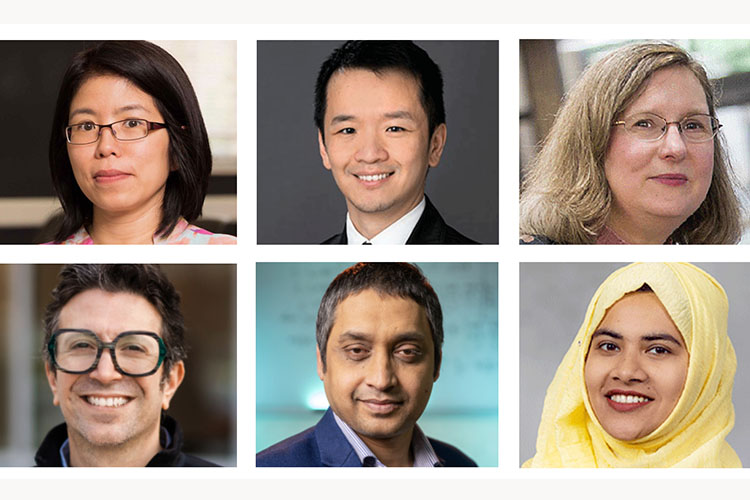 Six individual headshots: Three women, one with glasses and another wearing a yellow head scarf, and three men, one with thick dark glasses.