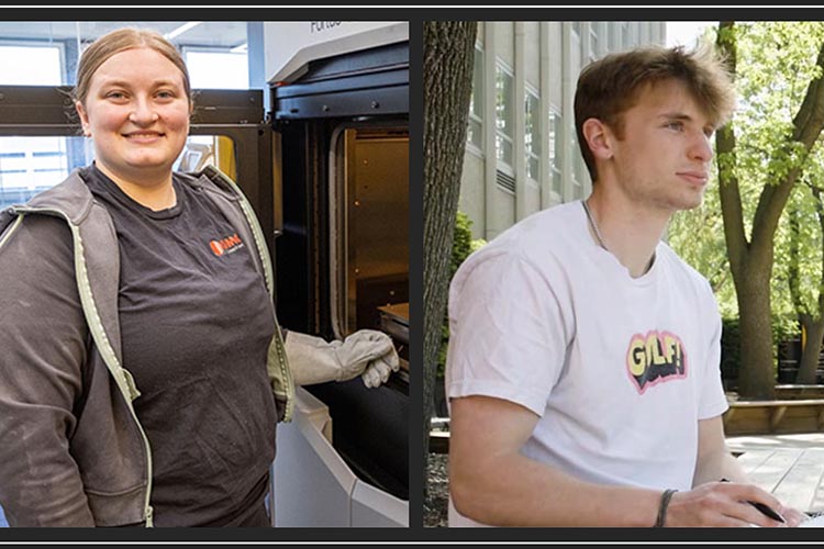 Two indvidual shots next to each other. Left is a woman wearing gray with industrial gloves on. Right is a young male with a white T-shirt on looking off camera.