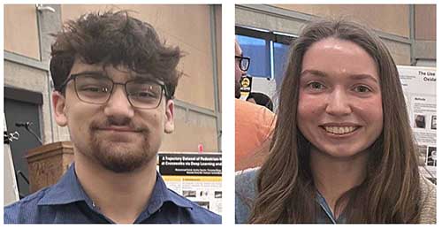 Two headshots side by side: One on the left is of a man with glasses and dark hair. The one on the right is a woman with long brown hair.