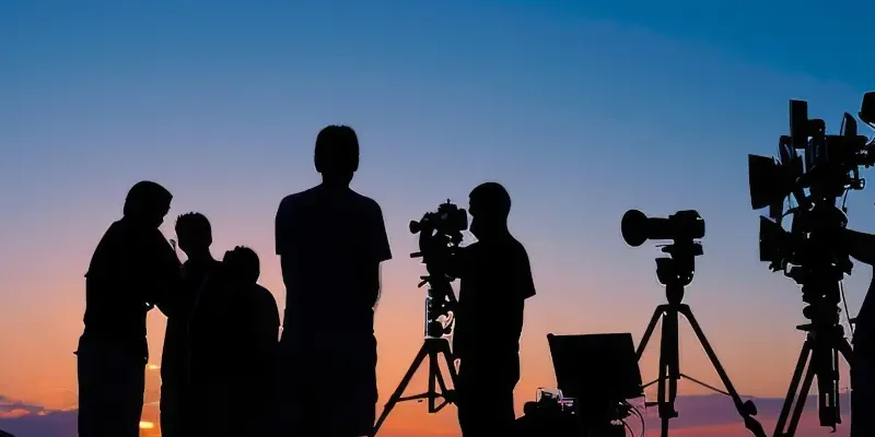 silhouettes of a film crew against a sunset