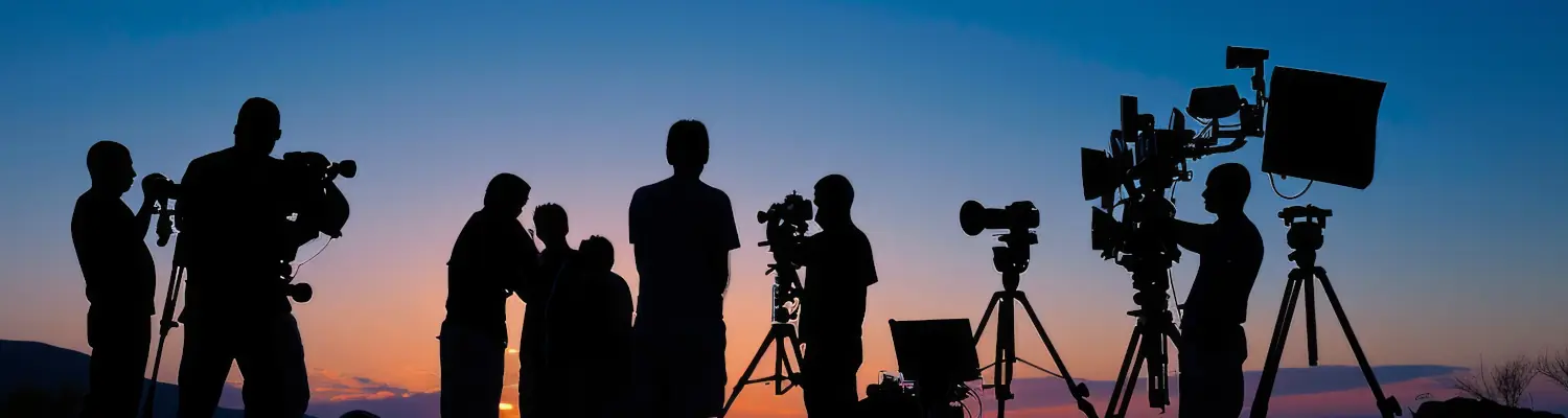 silhouettes of a film crew against a sunset