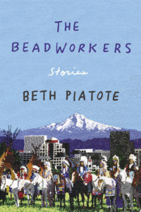 the cover of a book with the title The Beaderworkers. There is a crowd of people with a tall single mountain in the background.