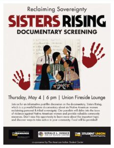 poster with text "Reclaiming Sovereignty Sisters Rising documentary screening". Image of 6 women in profile on ledger paper.