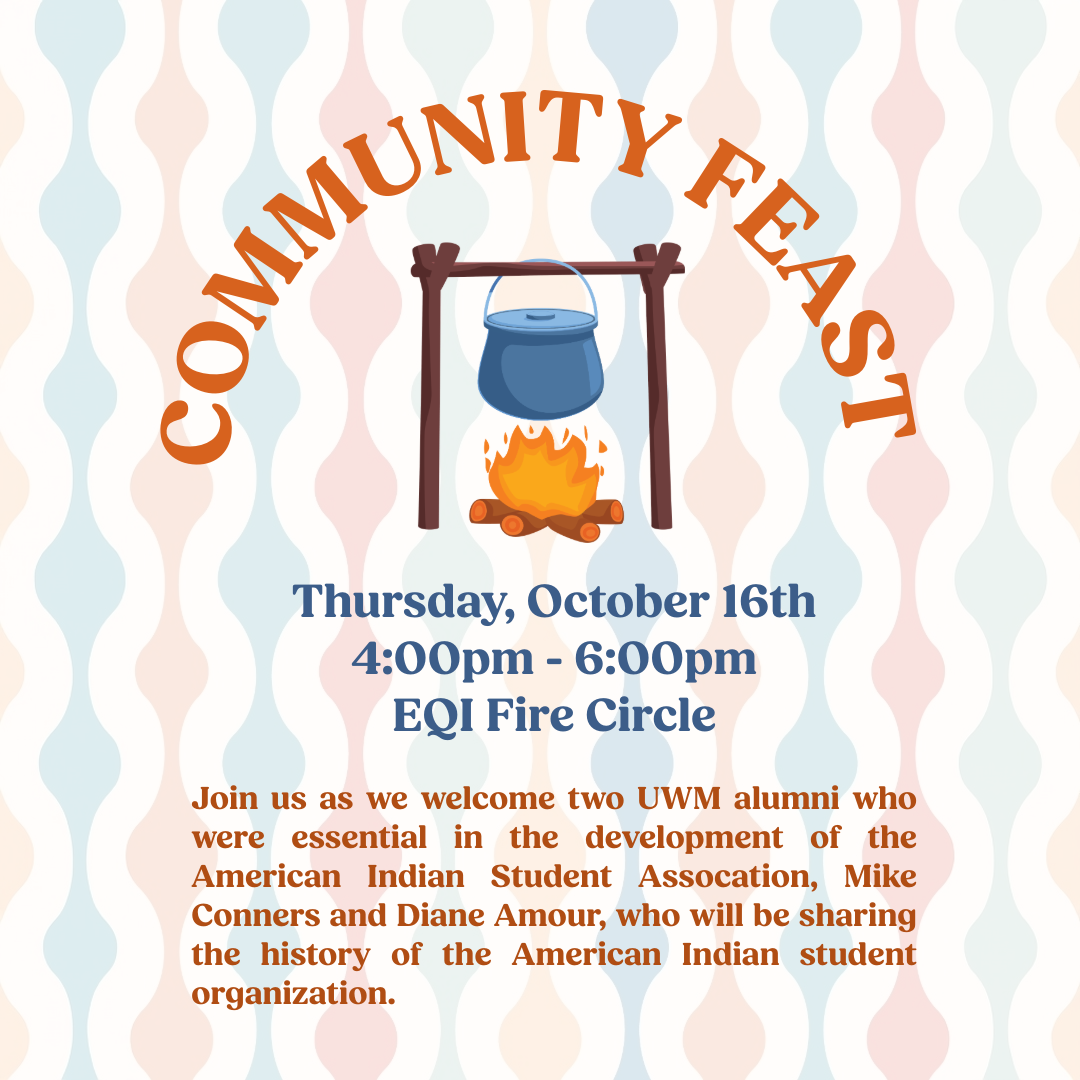 "community feast" written in a half circle with pot over a fire.