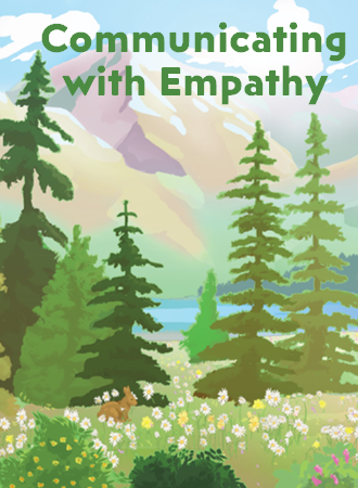 Painting of a valley surrounded by beautiful mountains. In the forefront of the image is multiple pine trees, all different sizes. Below the pine trees is a rabbit, and behind the pine trees is a lake in the middle of the valley.