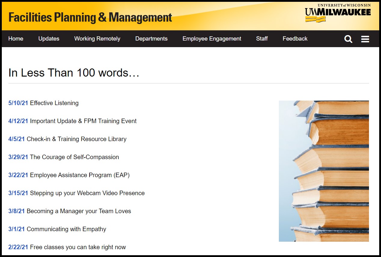 Screenshot of the "In Less Than 100 woords..." page on the Facilities Planning and Management site.
