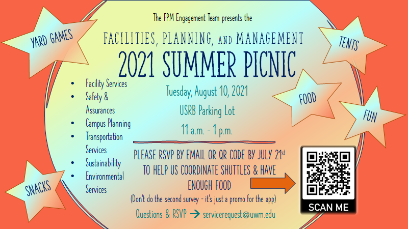 Image displaying the details for the FPM 2021 summer picnic. The event was hosted on Tuesday, August 10, 2021 at the USRB Parking Lot. The event started at 11:00 am and ended at 1:00 pm.