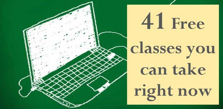 Image of a white laptop with a green background. To the right of the laptop is a yellow box containing the text: 41 Free classes you can take right now.