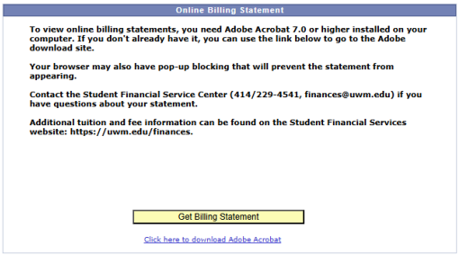 Screenshot of the "Online Billing Statement" pop-up that appears after a student selects "Online Billing Statement" in PAWS.