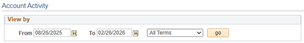 Screenshot of the top section of the "Account Activity" page in PAWS showing that results can be filtered by date and by term.