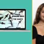 Laptop screen showing a thumbnail image of sturgeon and a headshot of a woman adjacent.