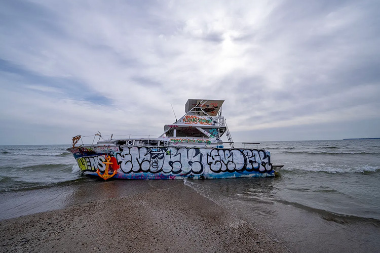 Large boat stuck on the Lake Michigan shore with graffiti on the side of the boat.