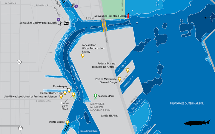 A map of the Milwaukee Harbor. There are grey parts for land and blue parts for water.