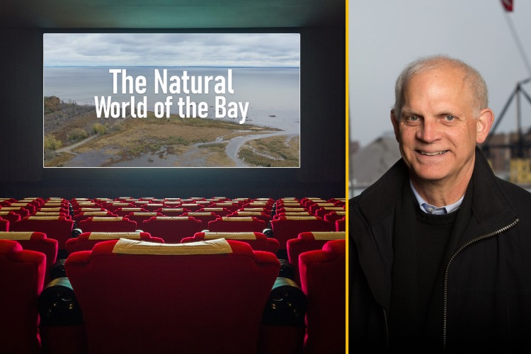 Headshot of man paired with a movie theater showing a movie.