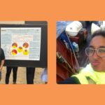 Headshots of students. One is standing in front of a poster. The other is on a ship wearing a yellow reflective jacket.