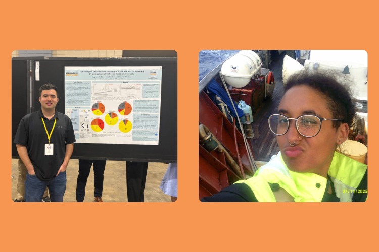 Headshots of students. One is standing in front of a poster. The other is on a ship wearing a yellow reflective jacket.