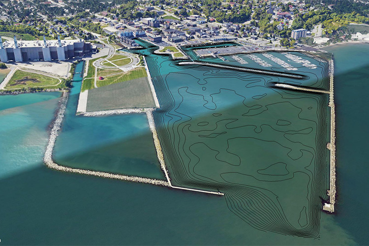 Satellite view of a harbor with depth lines outlined.