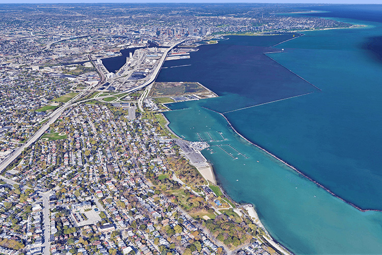 Bird's eye view of Milwaukee Harbor.