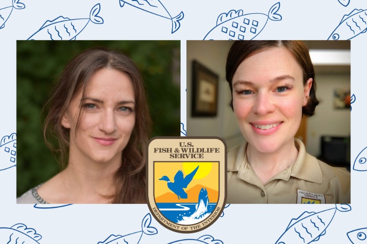 Two women are smiling with dark backgrounds behind them. The photos are against a repeating pattern of fish on the background.