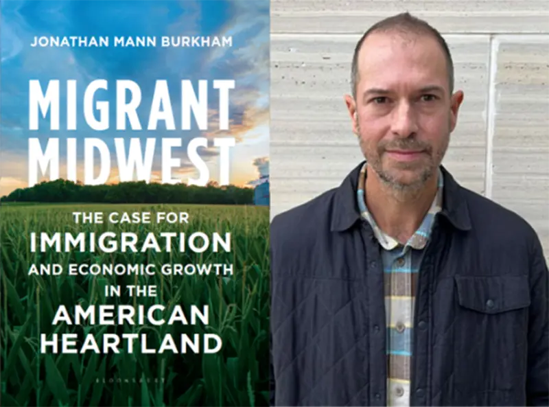 Jonathan Burkham and the cover of Migrant Midwest