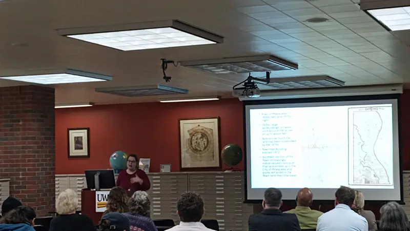 Professor Amanda I. Seligman speaking at the American Geographical Society Library.